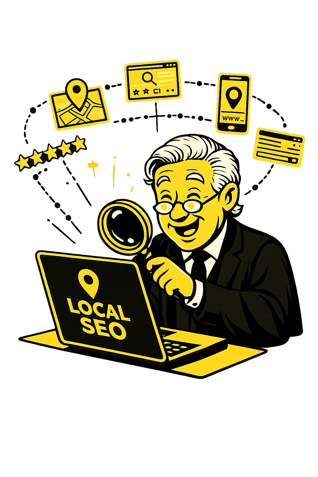 Illustration of a lawyer analysing local SEO results on a laptop, surrounded by location, search, and review icons.